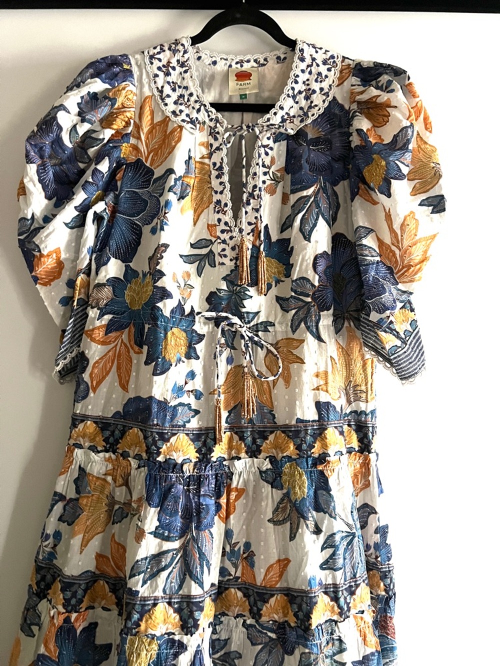 FARM Rio Off-White Floral Swiss Dot Beaded Tassels Maxi Dress Size Medium - Picture 12 of 13